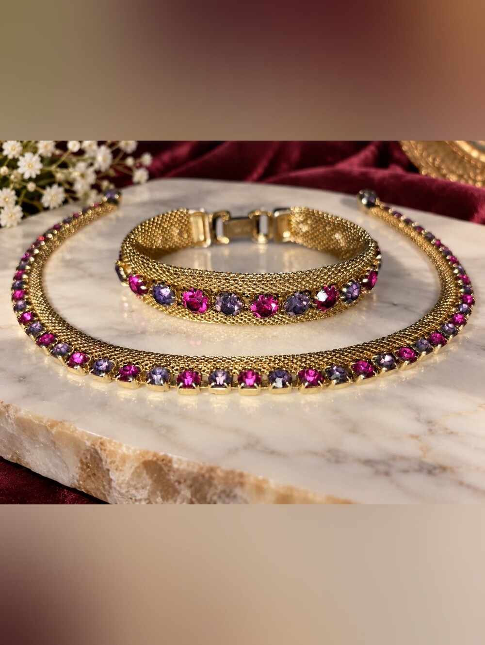 ✨ Vintage WEISS Pink & Purple Rhinestone Gold-Tone Mesh Necklace & Bracelet Set